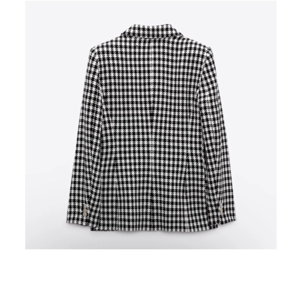 Zara Houndstooth Double Breasted Blazer Black White Gold Button Jacket Large - Picture 2 of 13